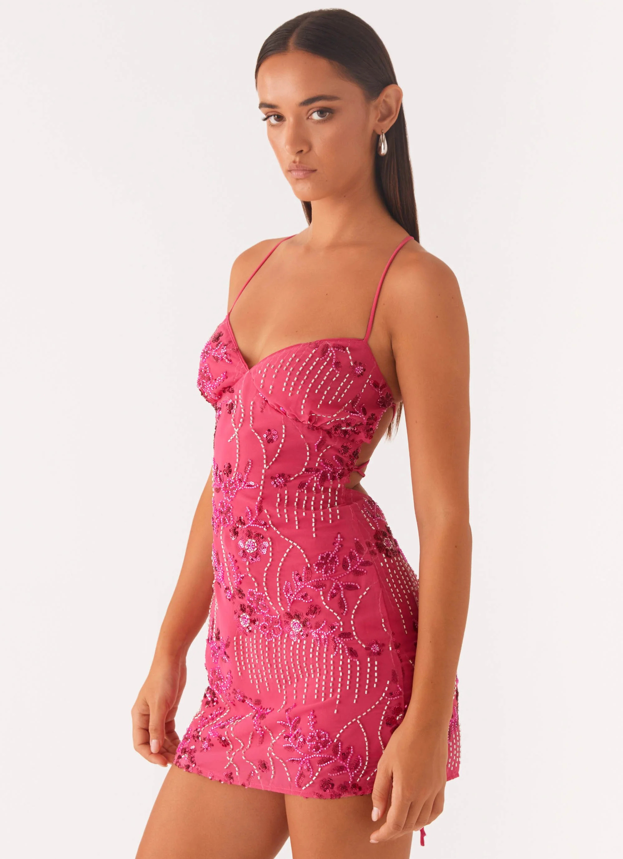 Cami | Schimmerndes Blumengesticktes Pailletten Minikleid