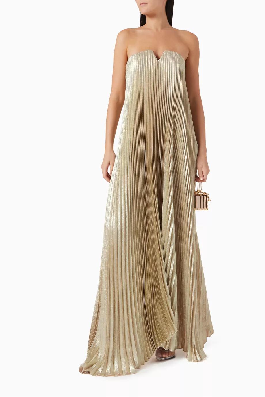 Celestia Strapless Plissiertes Abendkleid – Goldene Eleganz