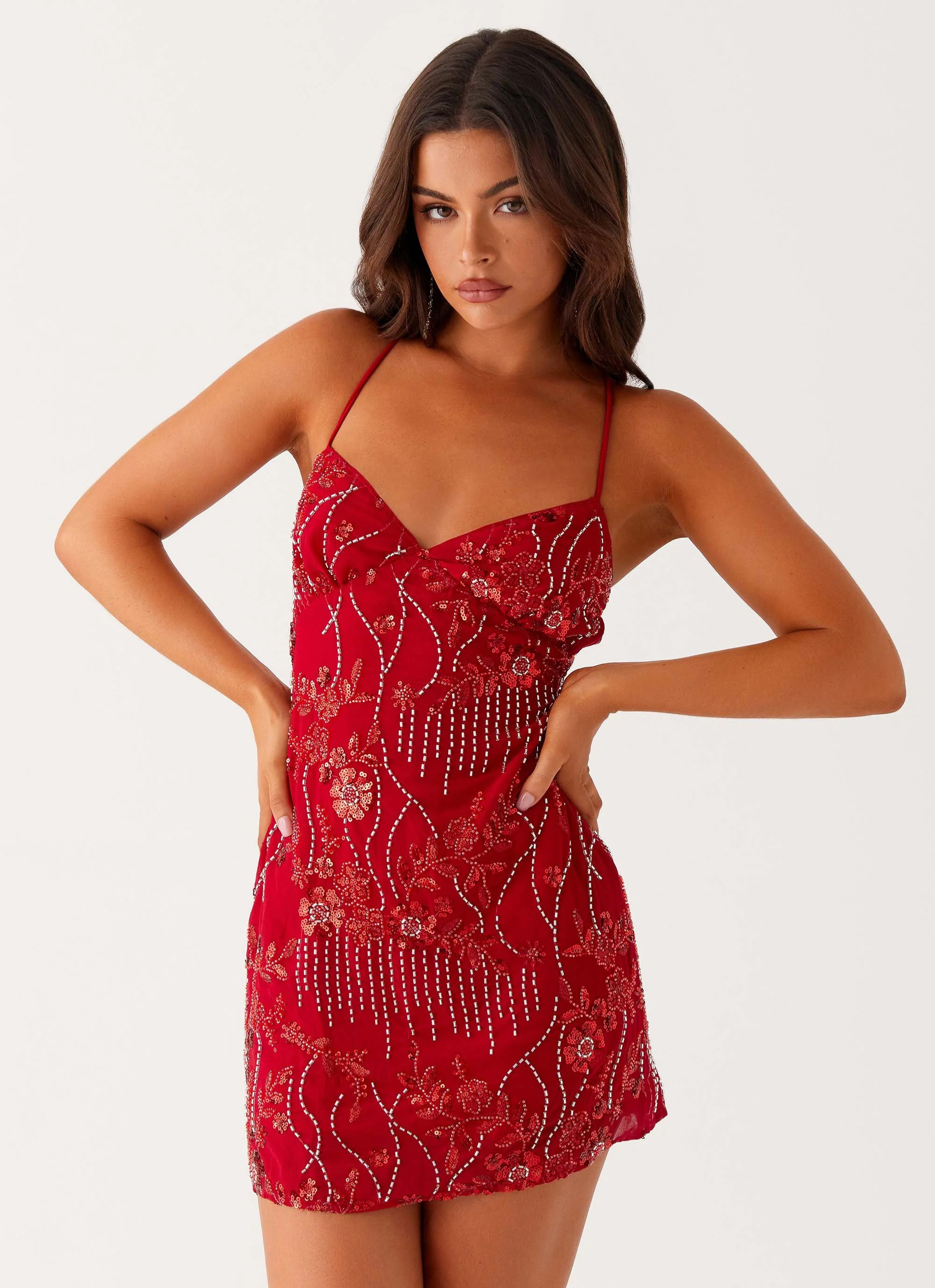 Cami | Schimmerndes Blumengesticktes Pailletten Minikleid
