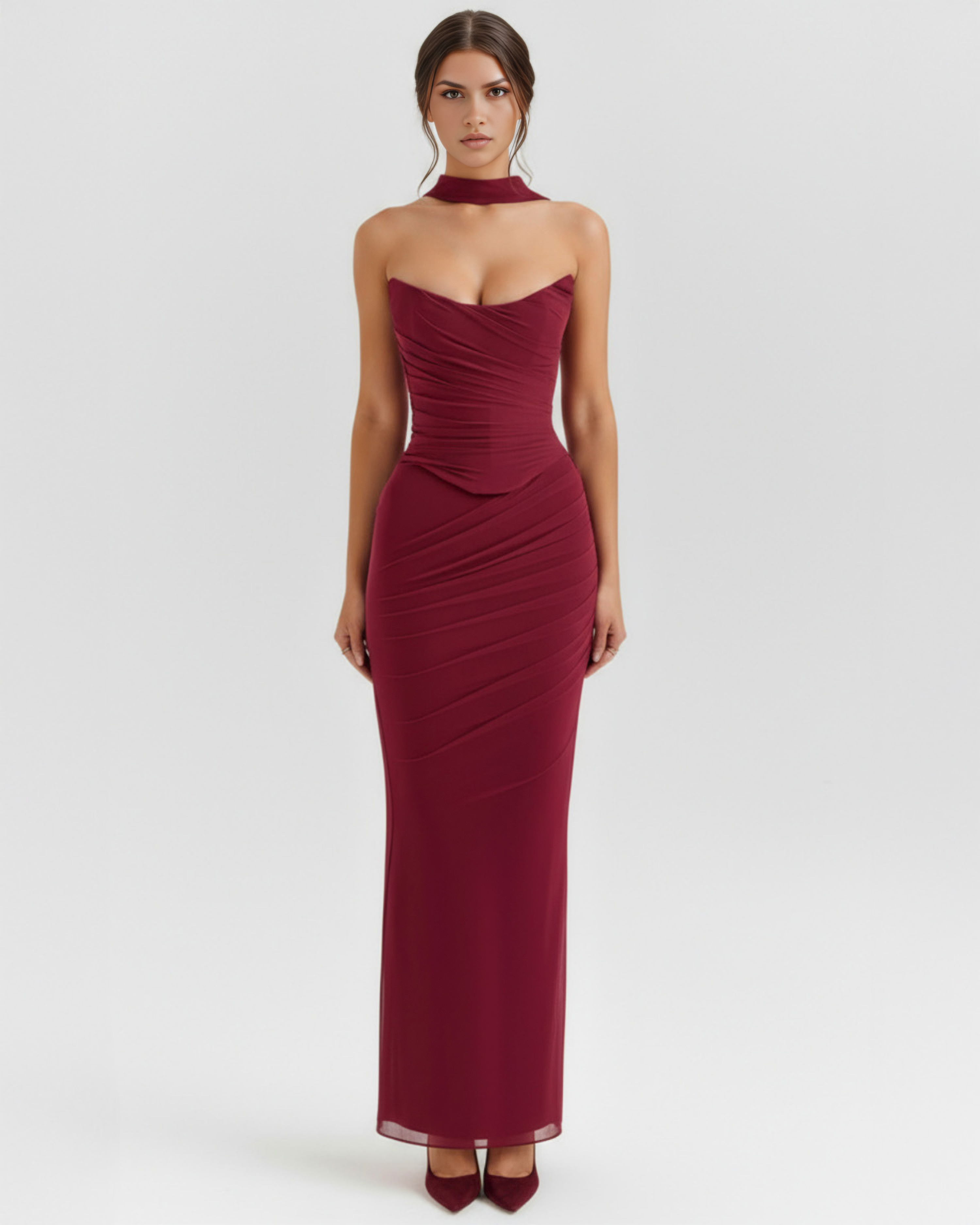 MALARA – SCULPTED CORSET MAXI DRESS WITH NECK DETAIL