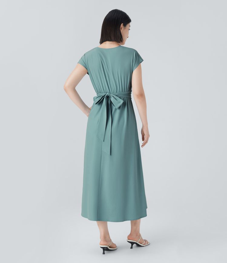 Elara Wickelkleid – Elegantes Midi mit V-Ausschnitt & Hoher Taille