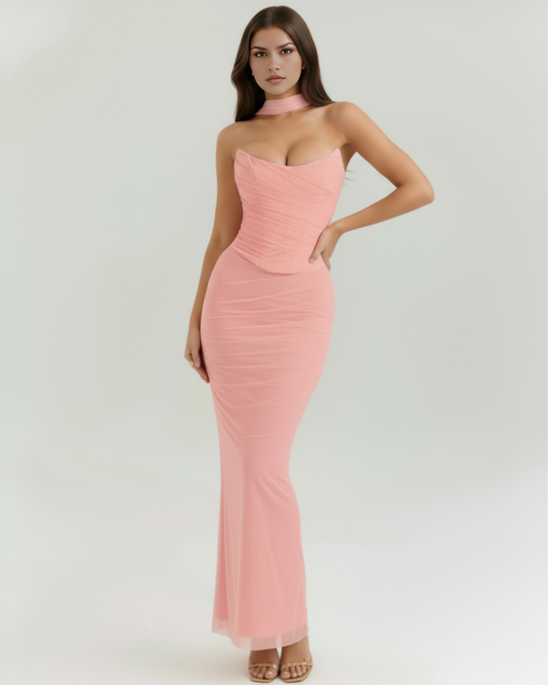 MALARA – Sculpted Korsett MAXI-KLEID mit Nackendetail