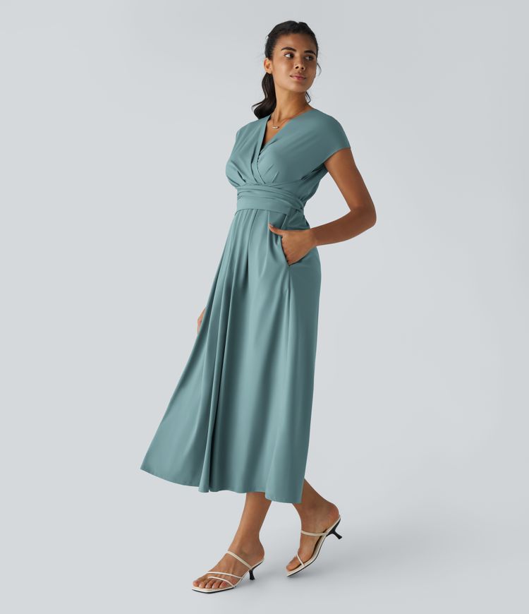 Elara Wickelkleid – Elegantes Midi mit V-Ausschnitt & Hoher Taille