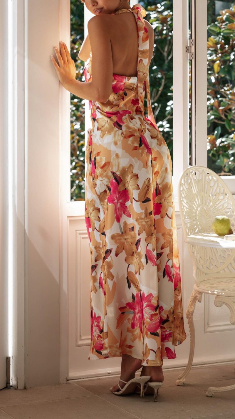 Ember | Damen Blumenkleid mit Halter und offenem Rücken