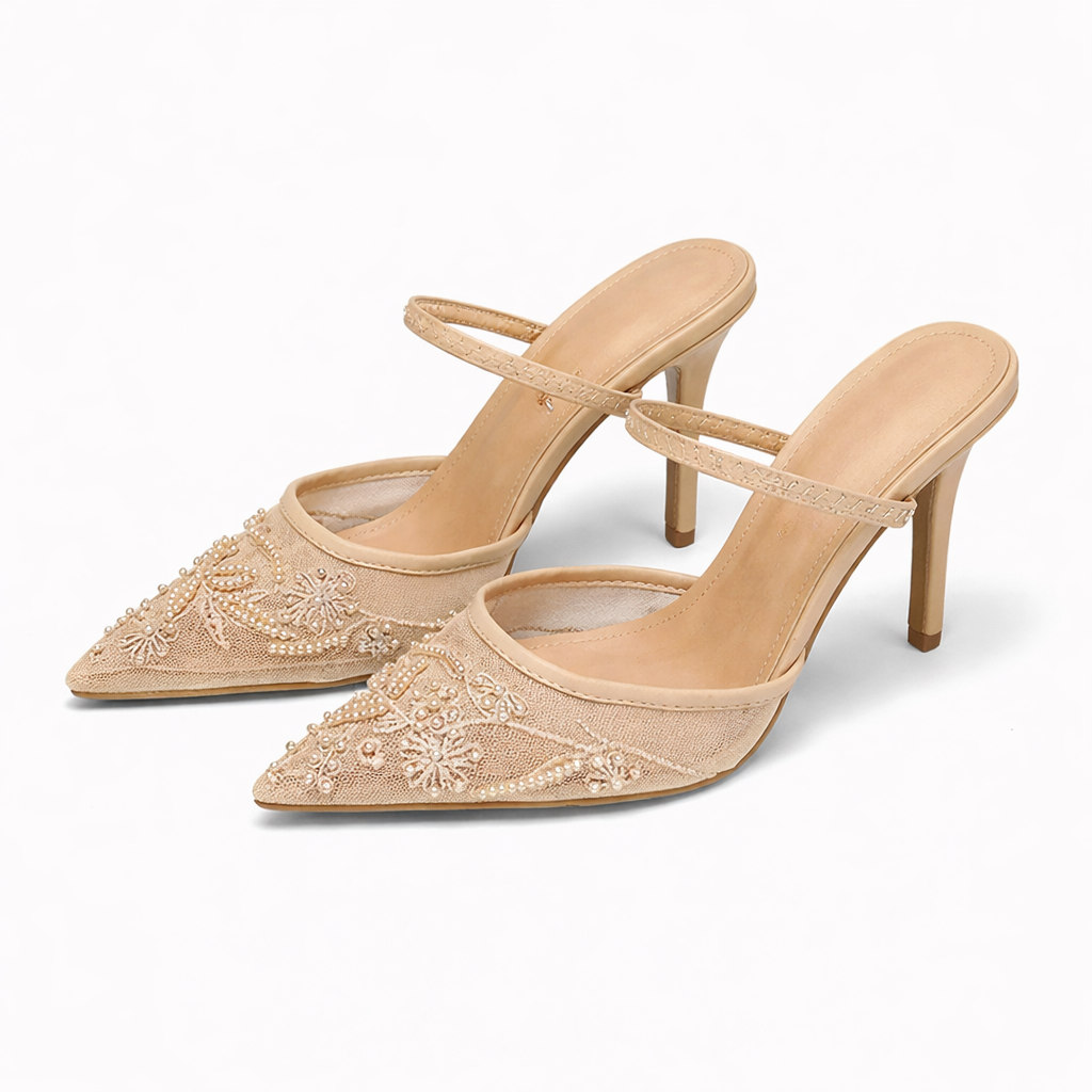 Damen Bestickte Mesh Mule-Absätze – Blumendetail, Elegante spitze Zehen