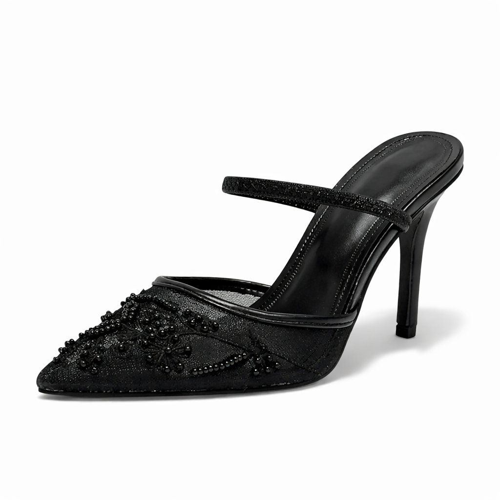 Damen Bestickte Mesh Mule-Absätze – Blumendetail, Elegante spitze Zehen