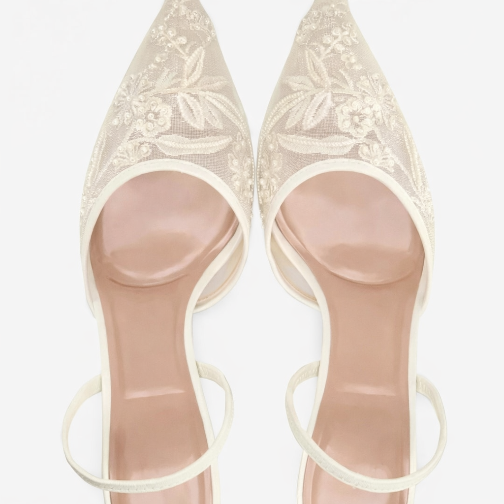 Damen Bestickte Mesh Mule-Absätze – Blumendetail, Elegante spitze Zehen