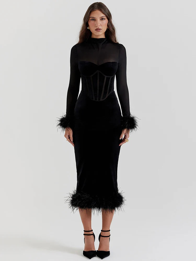 Lyriane | Feather-Trim Sheer Elegance Midi Dress