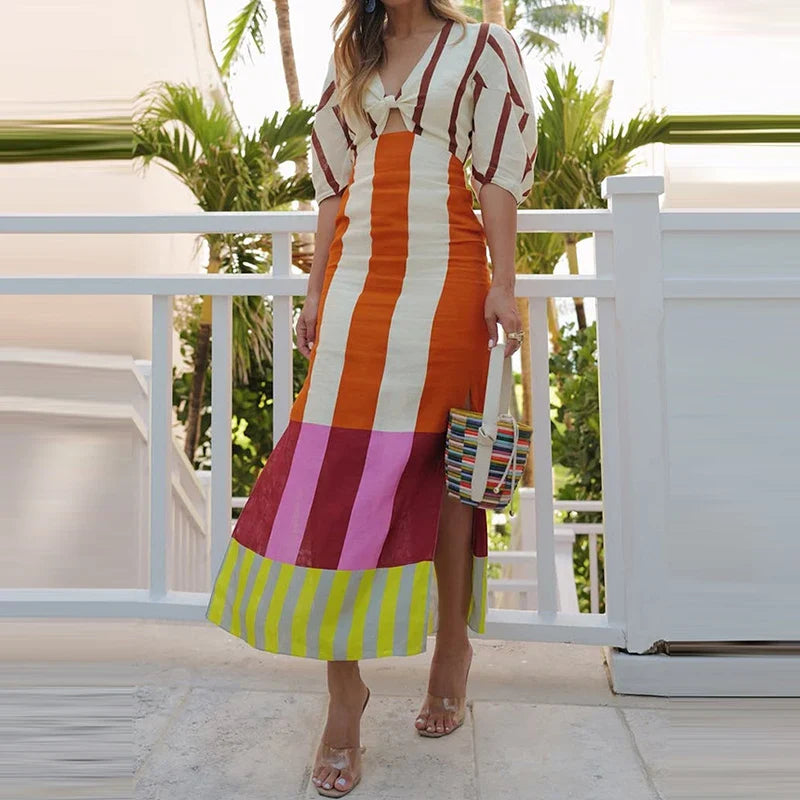 Riviera Streifen Puffärmel Maxi-Kleid