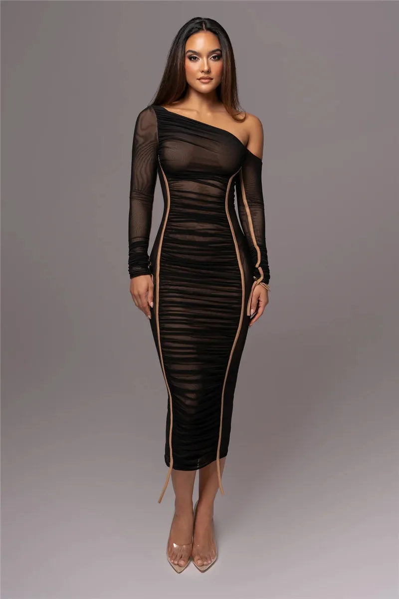 Olyssia | Netz Raffung Eleganz Midi Kleid