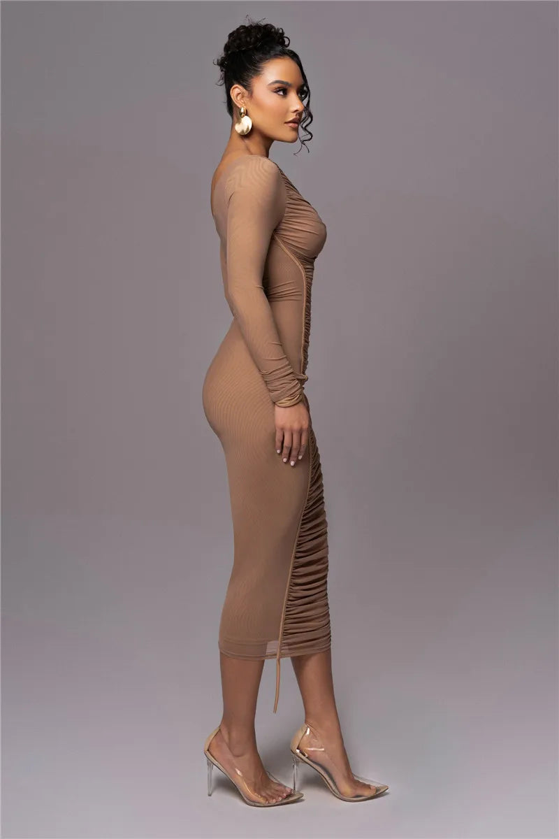 Olyssia | Netz Raffung Eleganz Midi Kleid