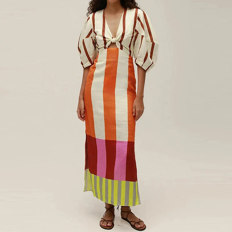 Riviera Streifen Puffärmel Maxi-Kleid