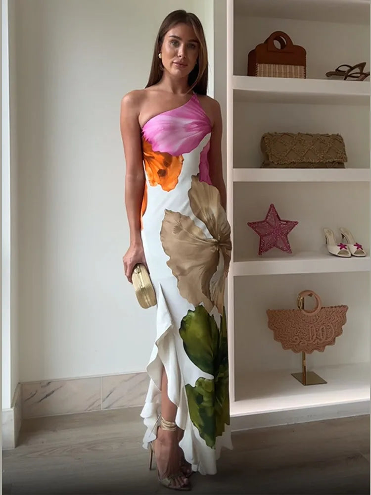 Aurora Blüten Ein-Schulter Maxi-Kleid