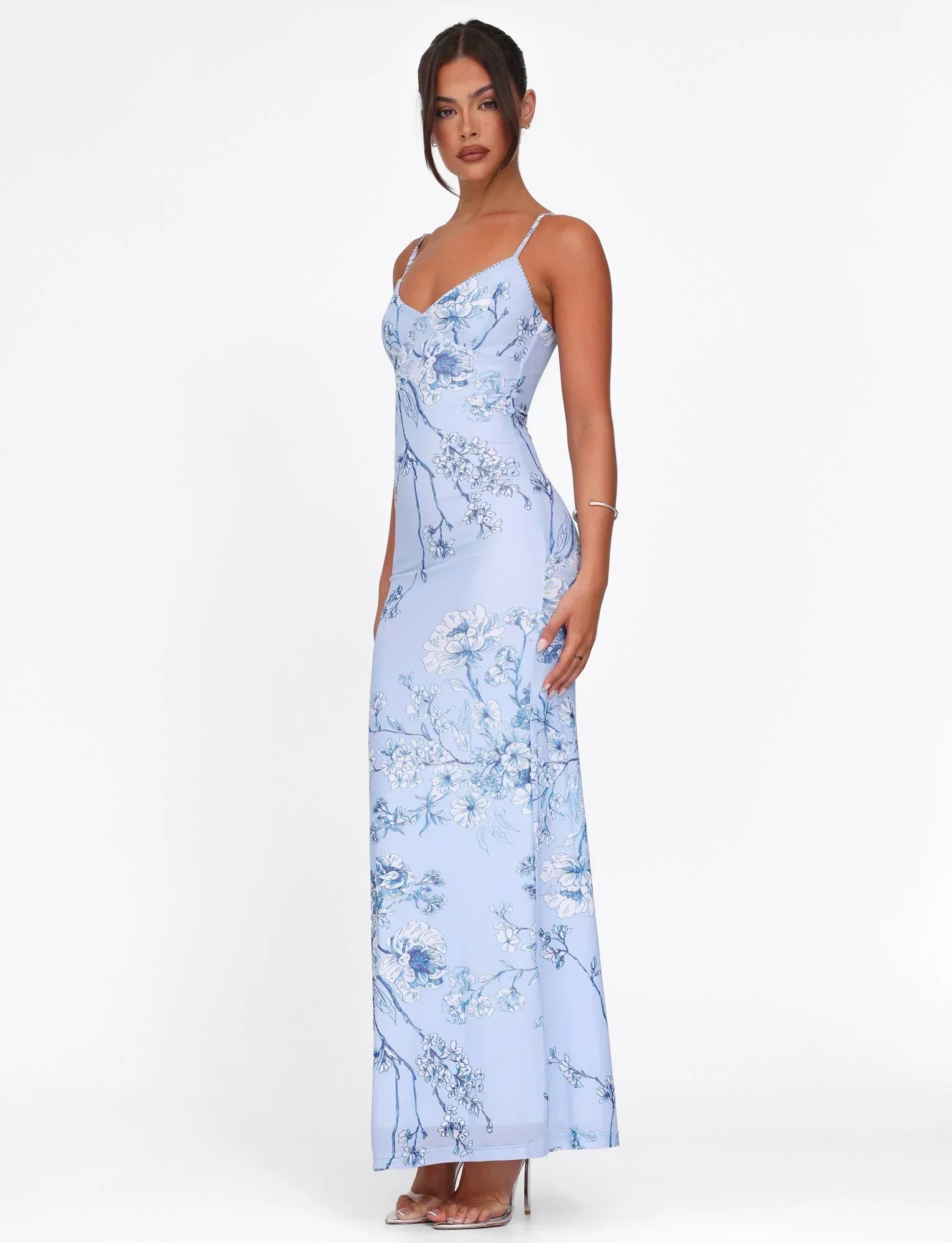 Julie | Elegantes bedrucktes ärmelloses Rosenstreifen Maxikleid