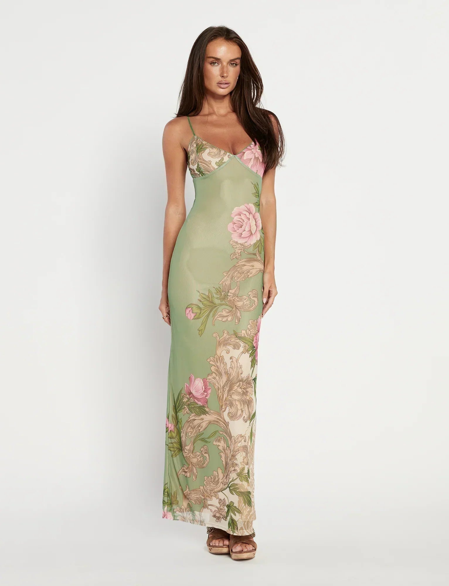 Julie | Elegantes bedrucktes ärmelloses Rosenstreifen Maxikleid