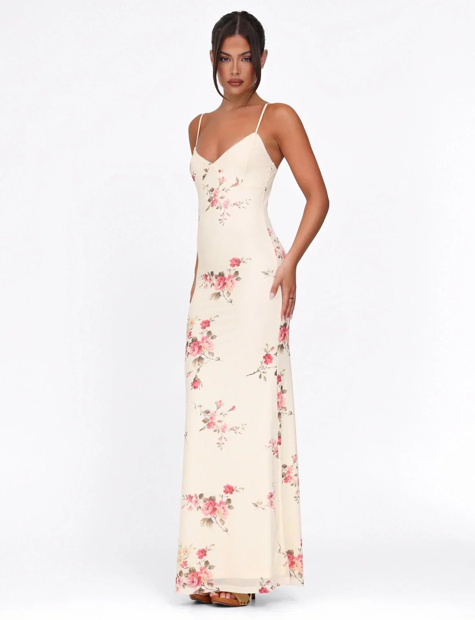 Julie | Elegantes bedrucktes ärmelloses Rosenstreifen Maxikleid