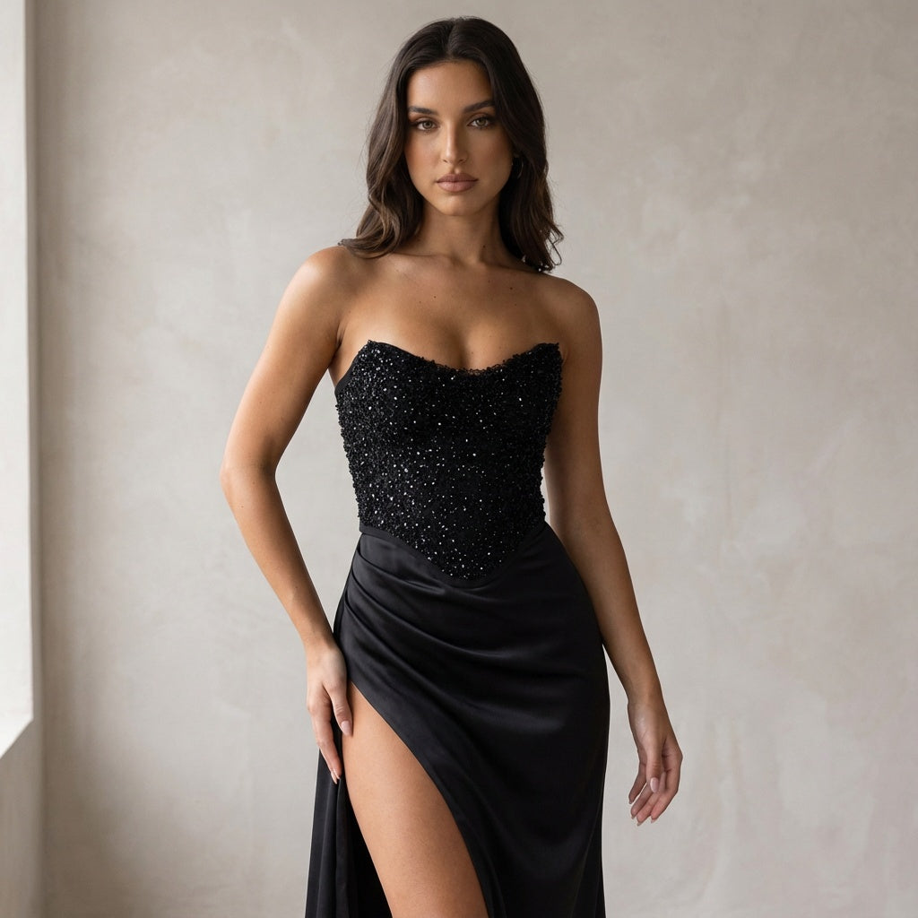 Ismeria | Perlenbesetztes Satin Korsett Maxikleid