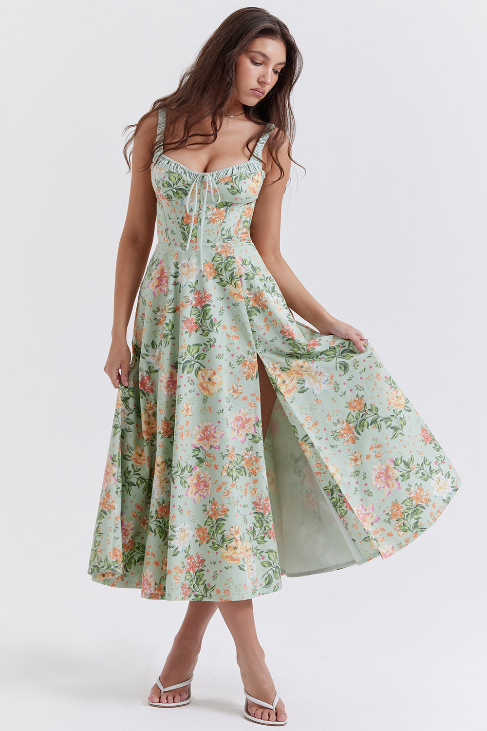 Sabrina | Blumensplit Midi-Kleid – Romantisches Frühlingsstretch-Sommerkleid