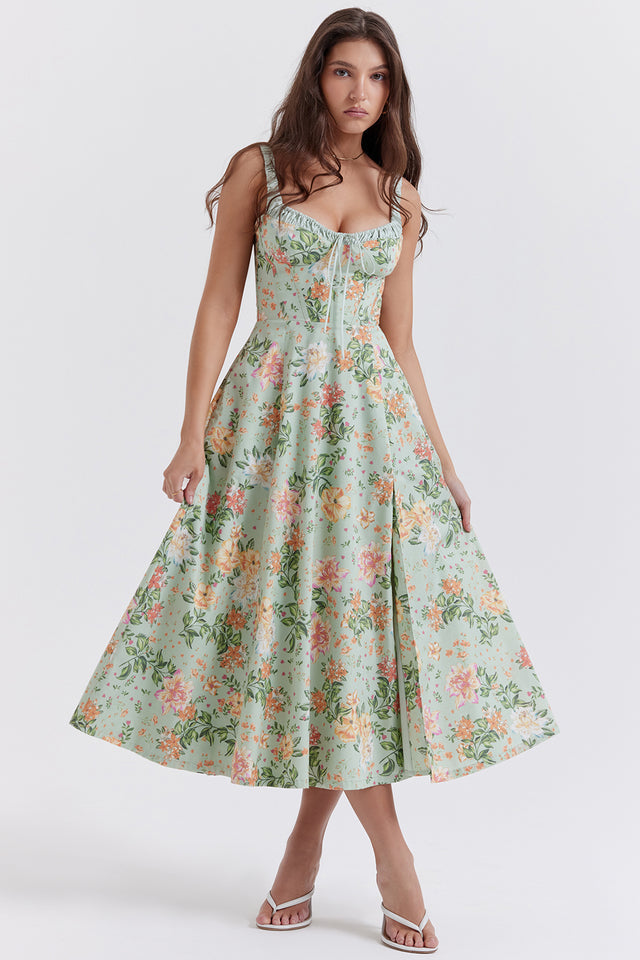 Sabrina | Blumensplit Midi-Kleid – Romantisches Frühlingsstretch-Sommerkleid