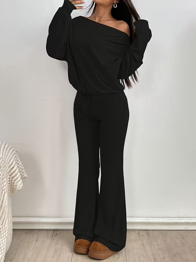 Livia Off-Shoulder Lounge-Set – Lässiges Top & Gerade Hose