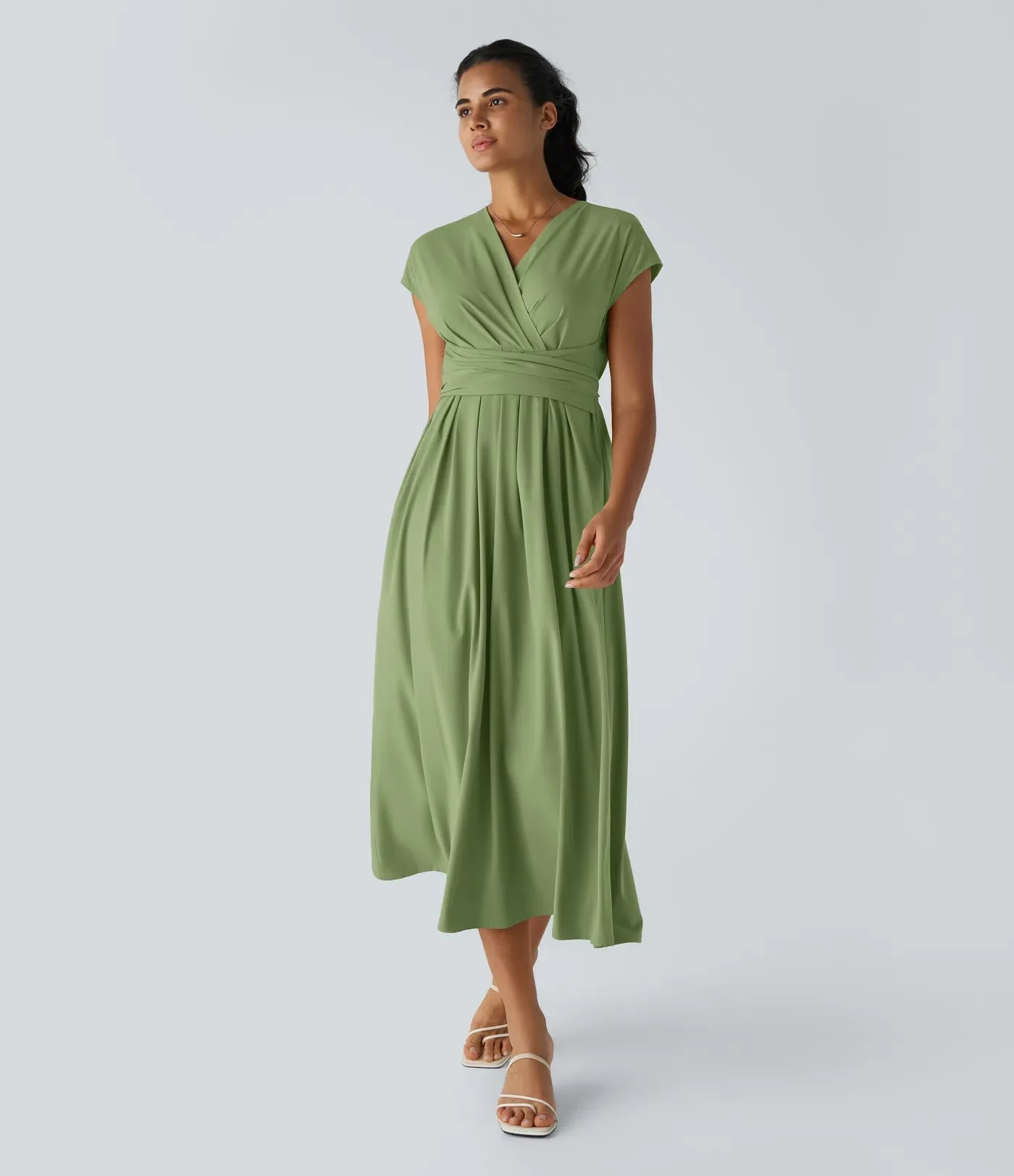 Elara Wickelkleid – Elegantes Midi mit V-Ausschnitt & Hoher Taille