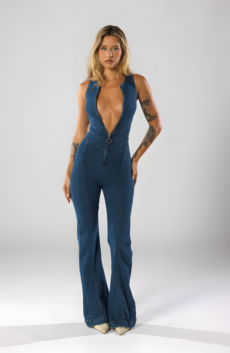 Valentina | Deep Plunge Denim Jumpsuit