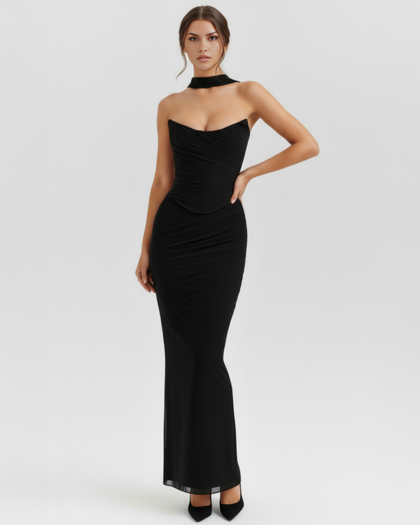 MALARA – Sculpted Korsett MAXI-KLEID mit Nackendetail