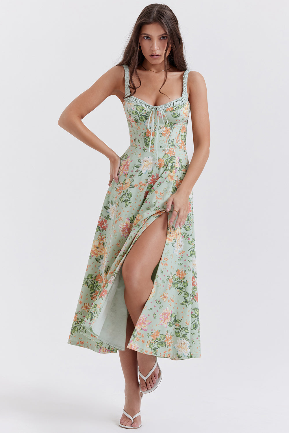 Sabrina | Blumensplit Midi-Kleid – Romantisches Frühlingsstretch-Sommerkleid