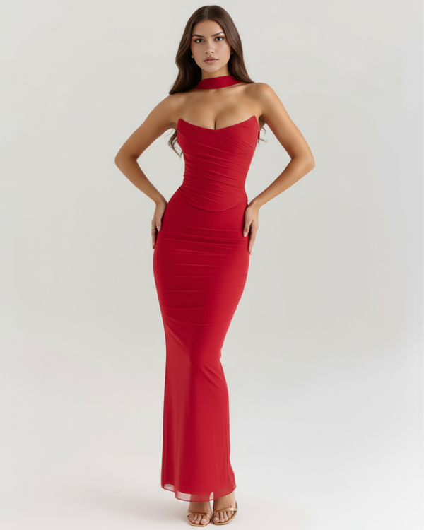 MALARA – Sculpted Korsett MAXI-KLEID mit Nackendetail