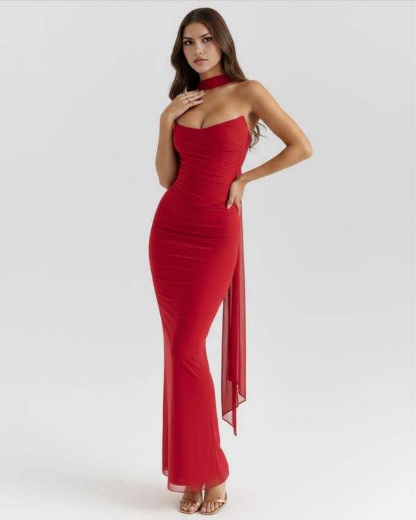 MALARA – Sculpted Korsett MAXI-KLEID mit Nackendetail