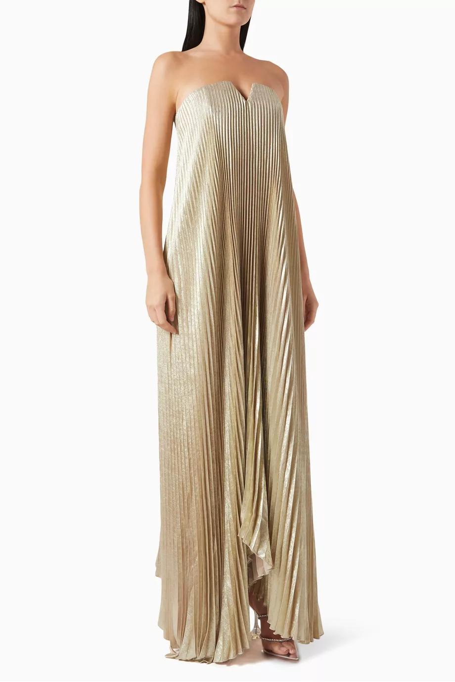 Celestia Strapless Plissiertes Abendkleid – Goldene Eleganz