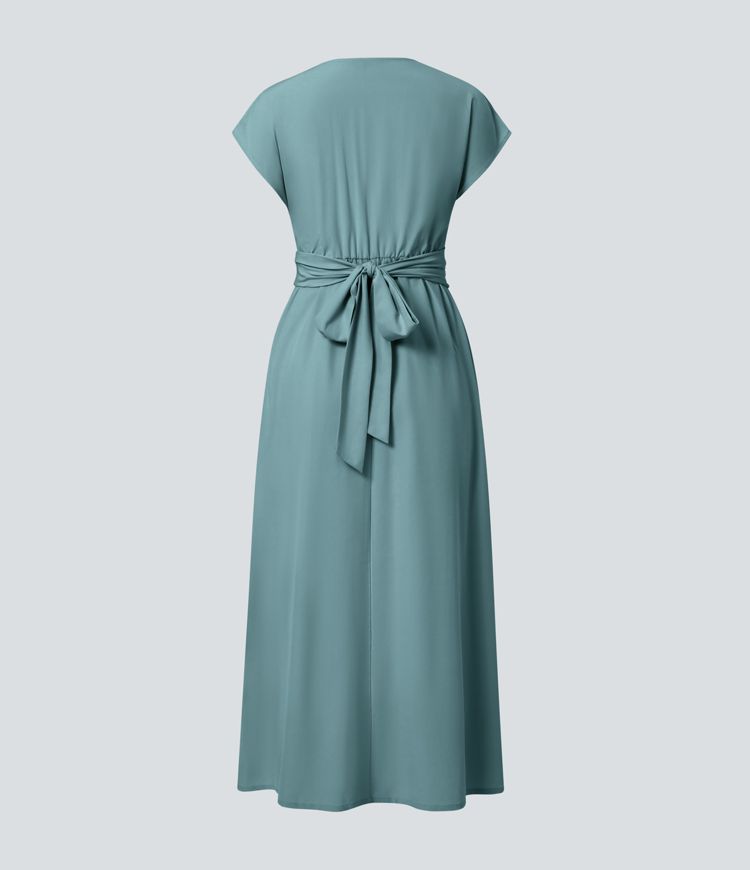 Elara Wickelkleid – Elegantes Midi mit V-Ausschnitt & Hoher Taille