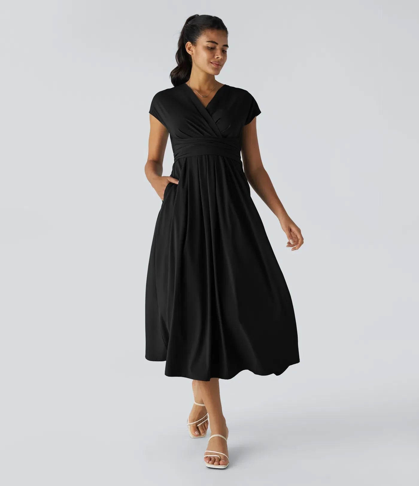 Elara Wickelkleid – Elegantes Midi mit V-Ausschnitt & Hoher Taille