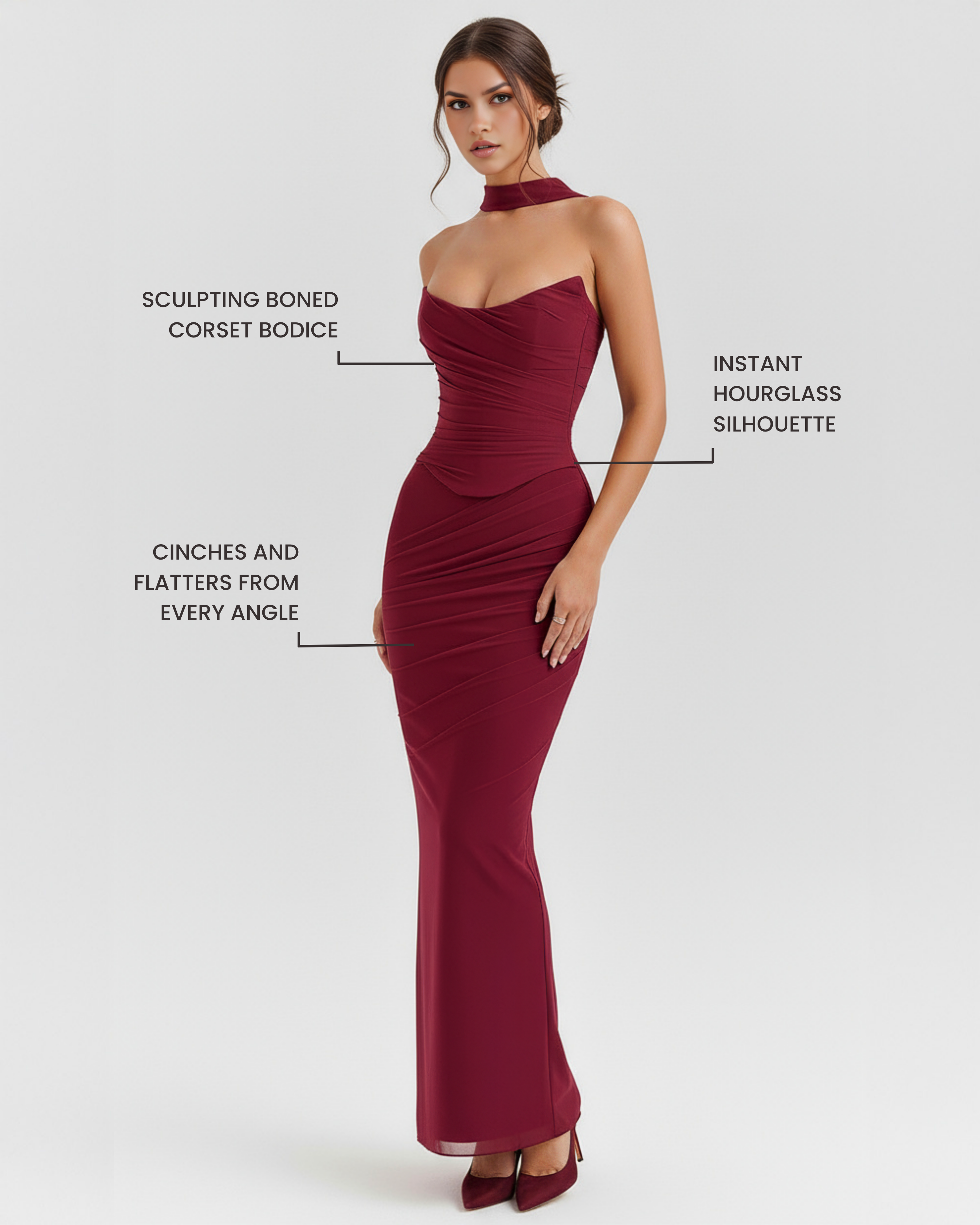 MALARA – SCULPTED CORSET MAXI DRESS WITH NECK DETAIL