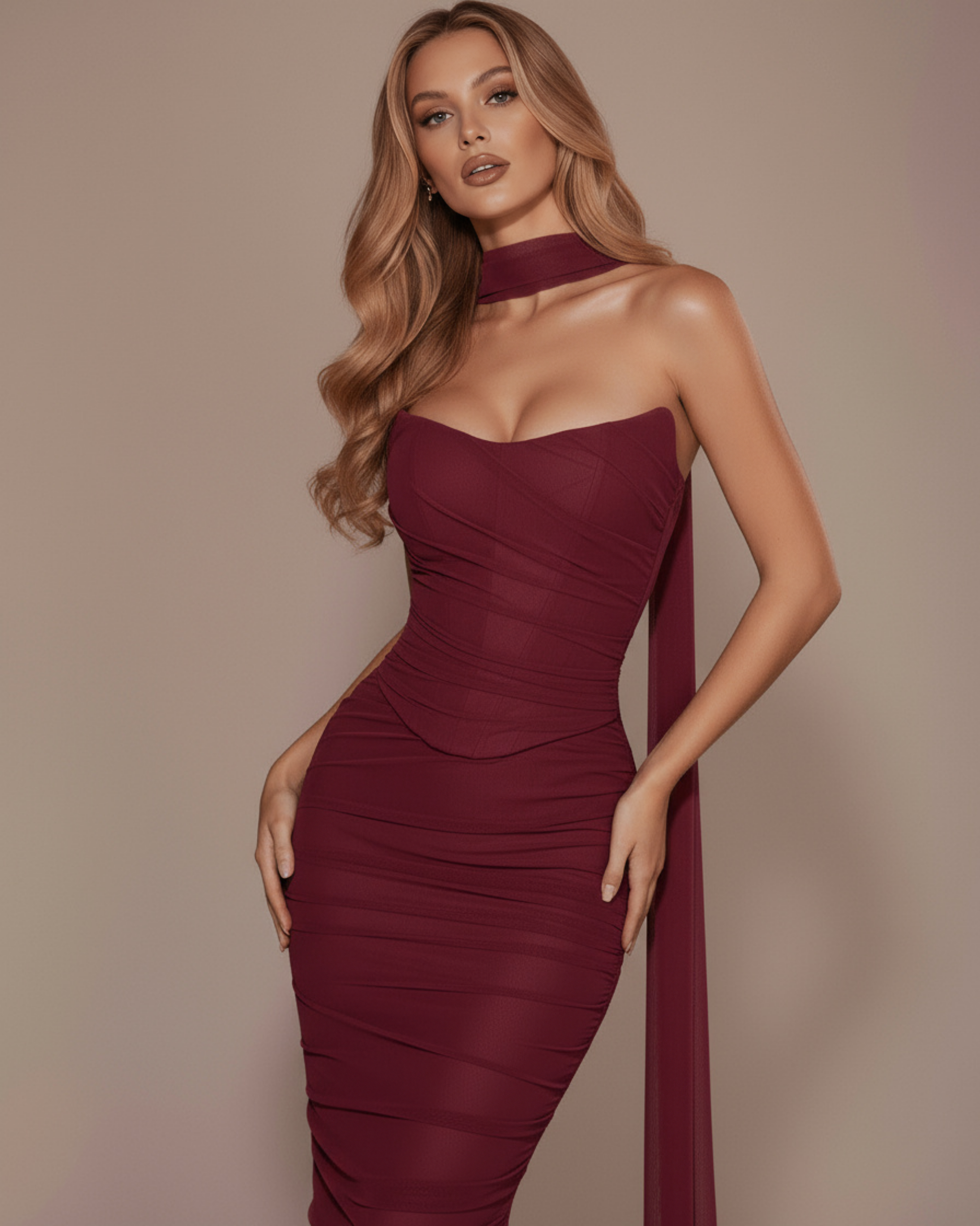 MALARA – Sculpted Korsett MAXI-KLEID mit Nackendetail