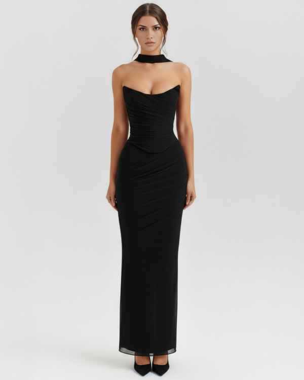 MALARA – Sculpted Korsett MAXI-KLEID mit Nackendetail