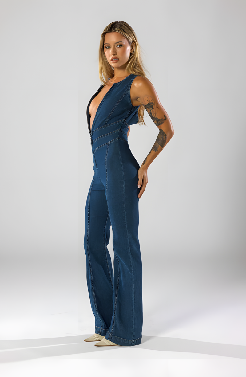 Valentina | Deep Plunge Denim Jumpsuit