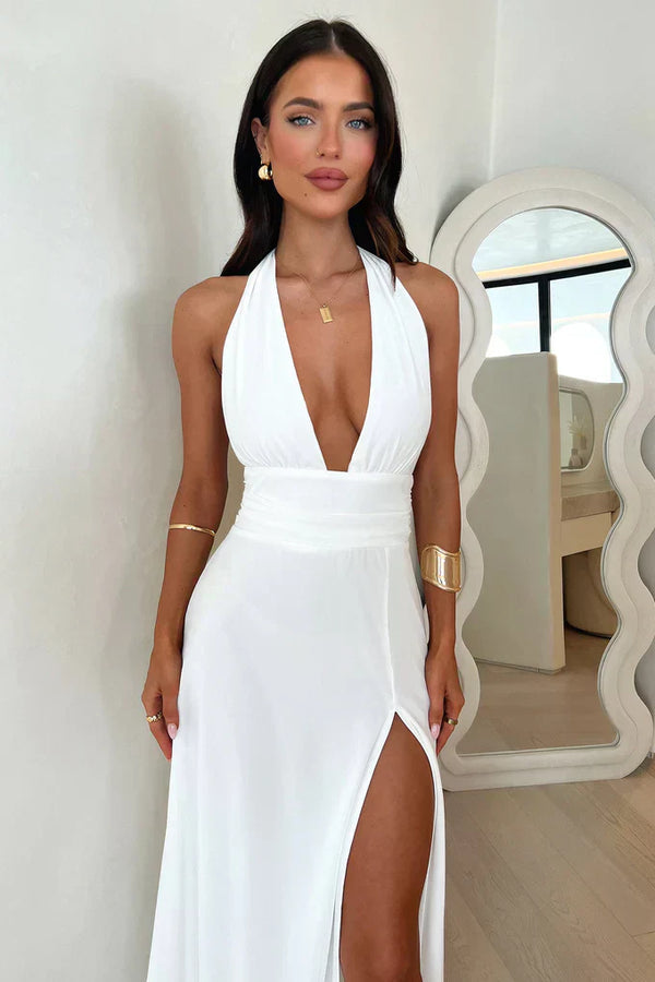 Aura Halter Eleganz – Maxi Kleid mit Rückenausschnitt