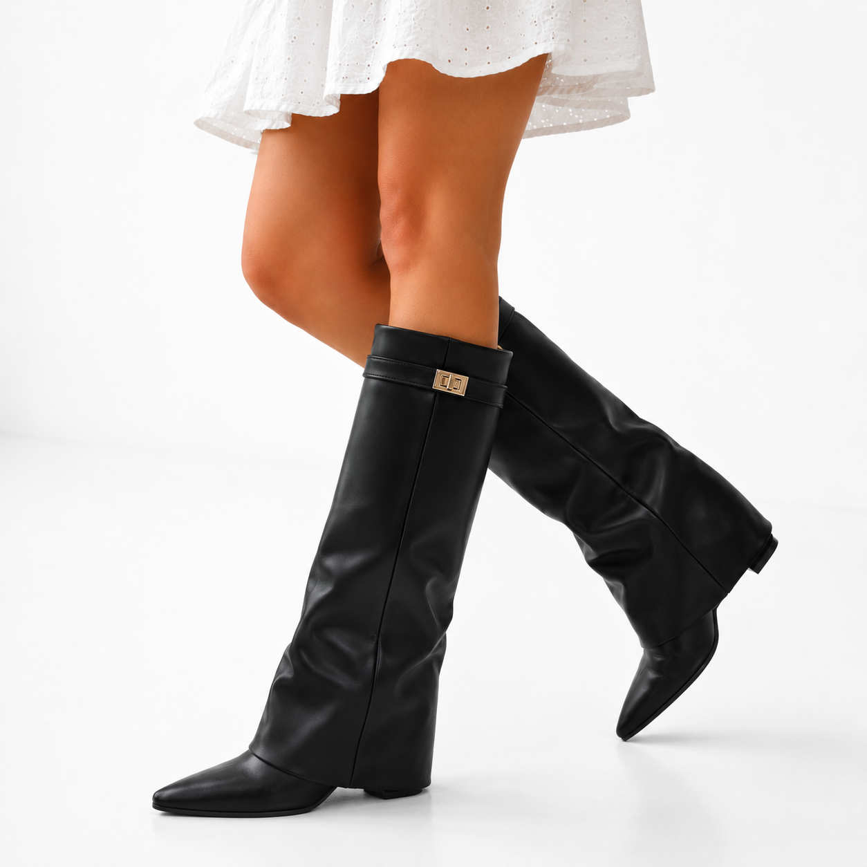 Damen Elegante Knielange Vegane Lederstiefel mit Spitz zulaufend