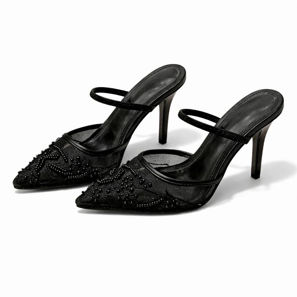 Damen Bestickte Mesh Mule-Absätze – Blumendetail, Elegante spitze Zehen