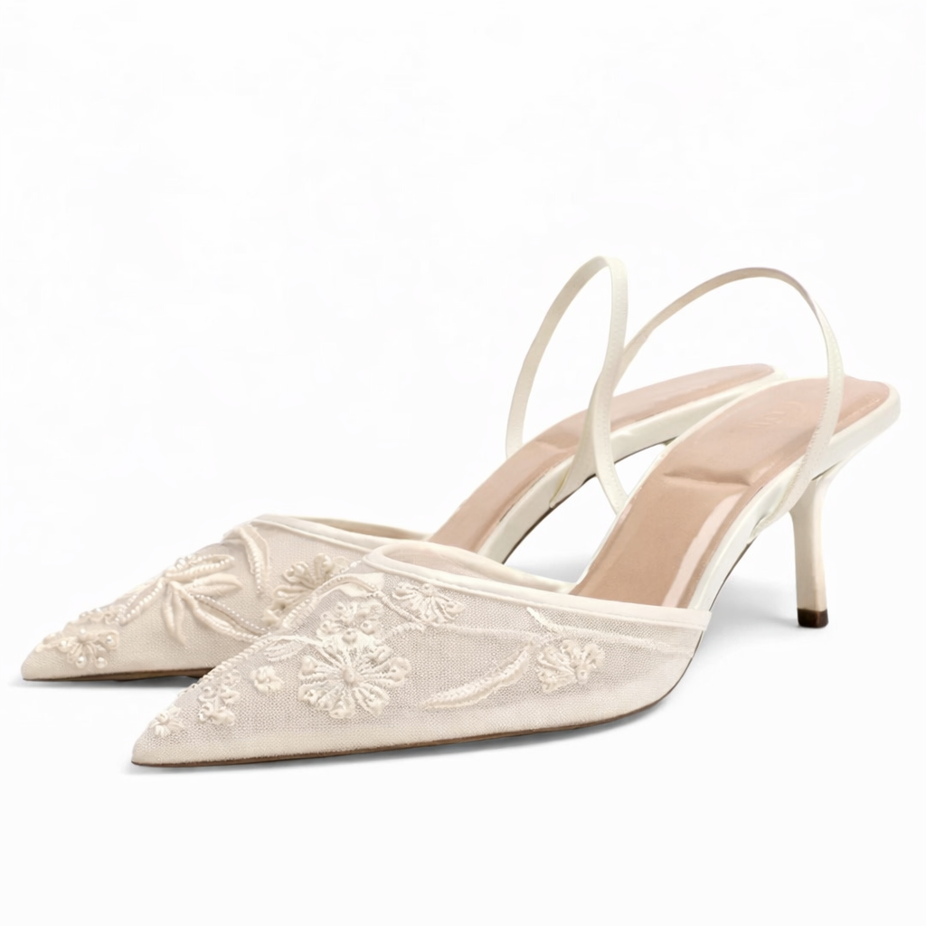 Damen Bestickte Mesh Mule-Absätze – Blumendetail, Elegante spitze Zehen