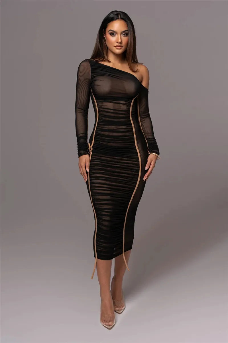 Olyssia | Netz Raffung Eleganz Midi Kleid