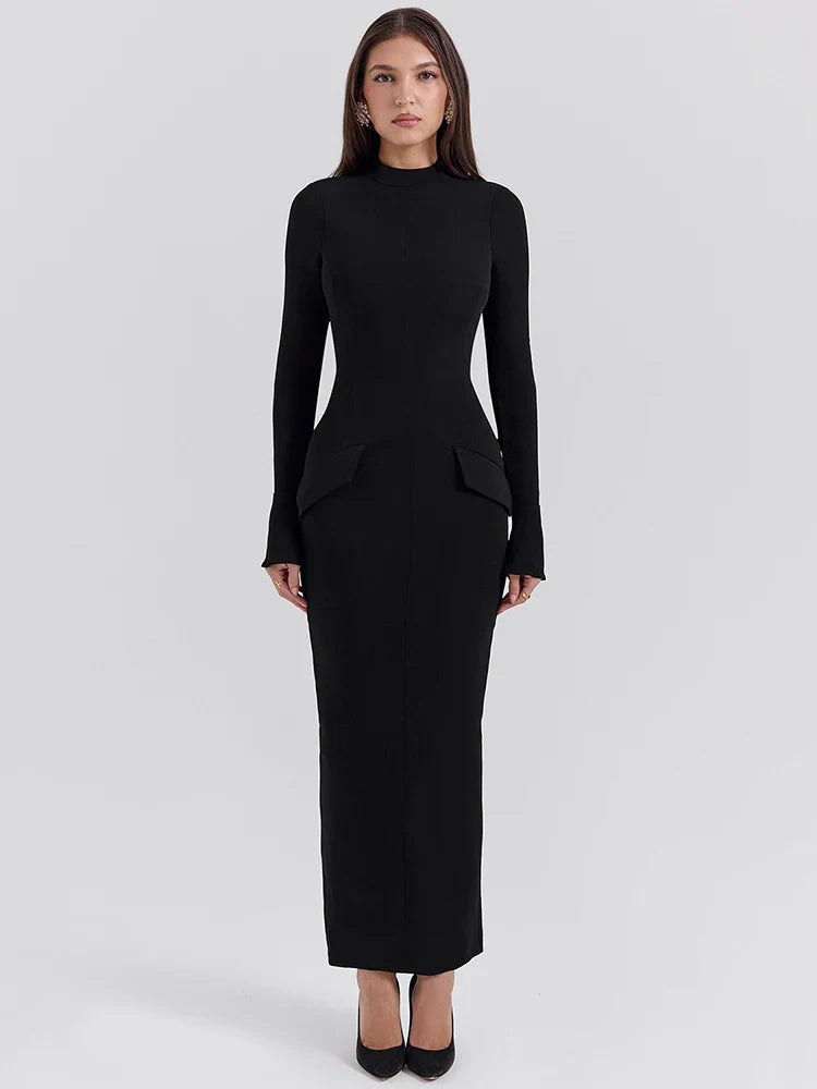 Elsinya | Langärmliges Skulptur-Eleganz Maxi-Kleid