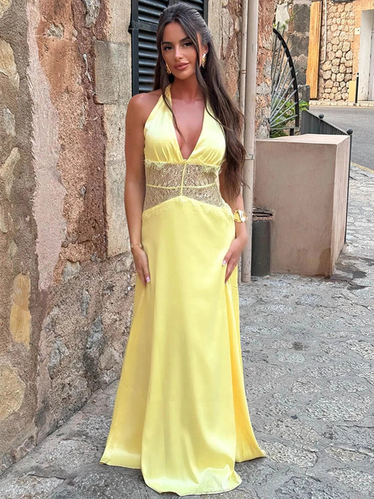 Evrelle | Halter Lace Elegance Maxi Dress
