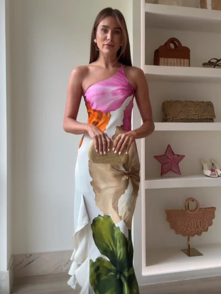 Aurora Blüten Ein-Schulter Maxi-Kleid