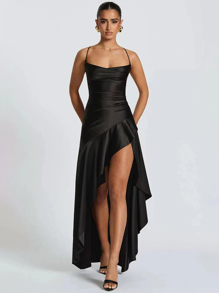 Selestia | Mitternachts-Satin Maxi-Kleid