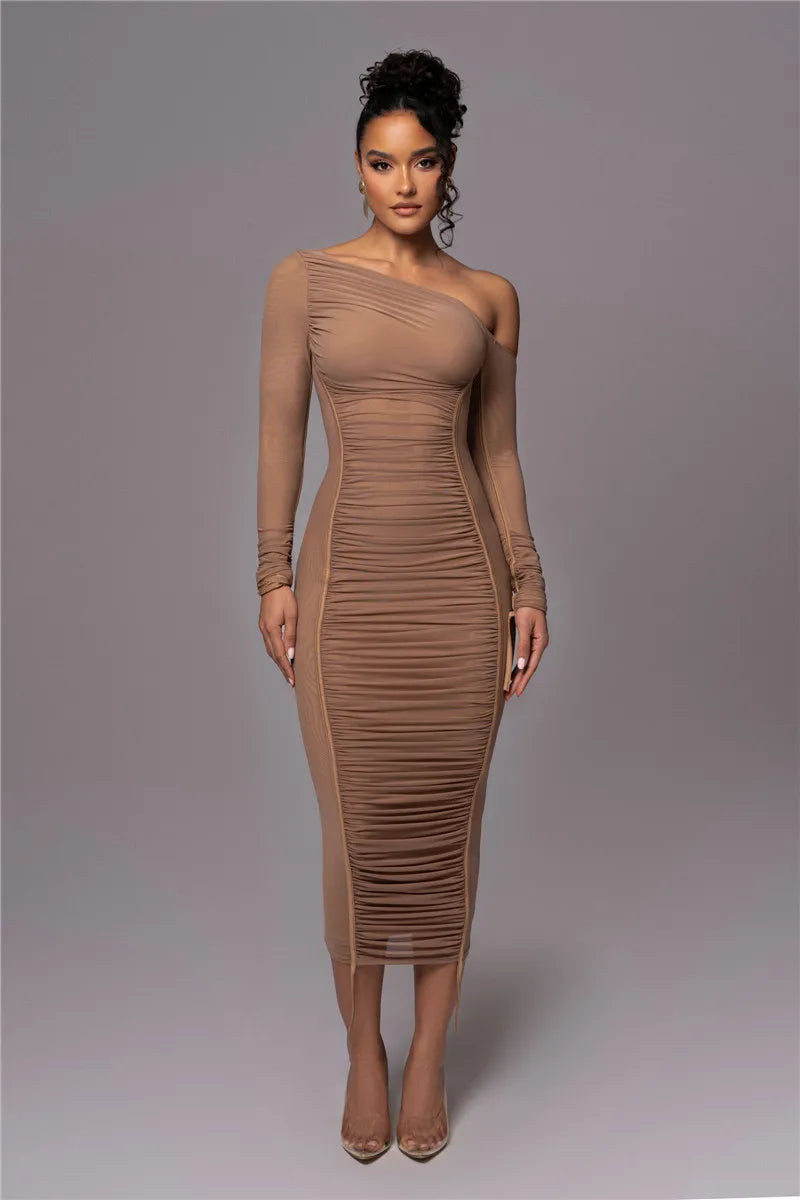 Olyssia | Netz Raffung Eleganz Midi Kleid