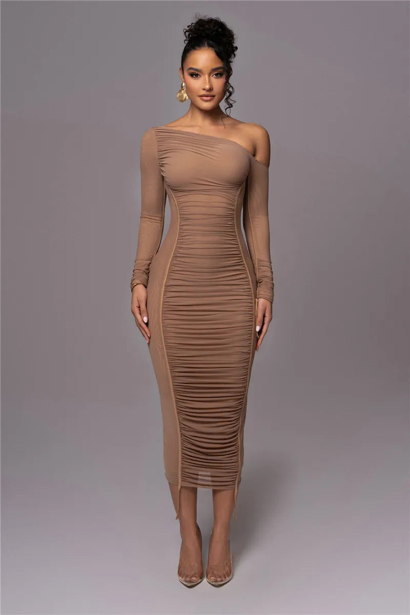 Olyssia | Netz Raffung Eleganz Midi Kleid