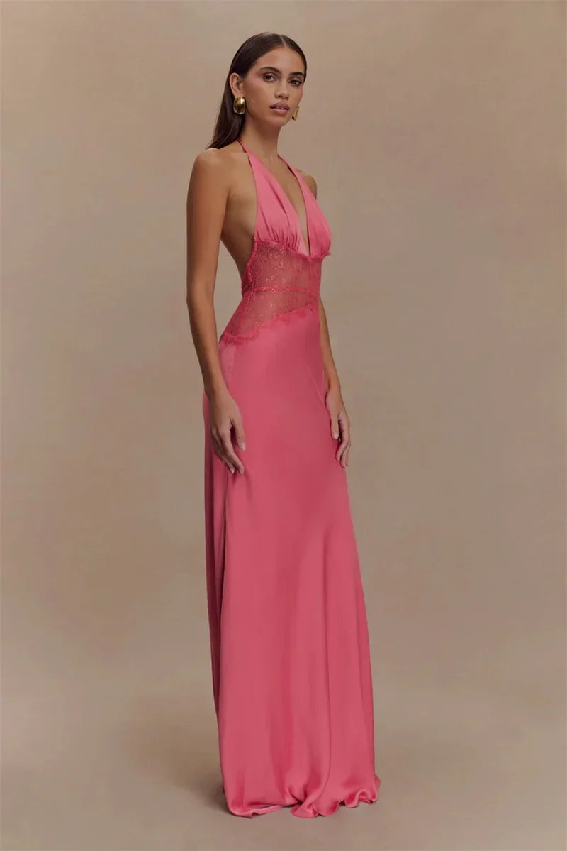 Evrelle | Halter Lace Elegance Maxi Dress