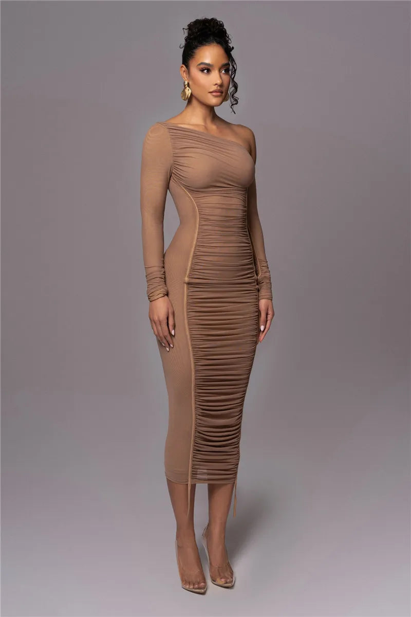 Olyssia | Netz Raffung Eleganz Midi Kleid